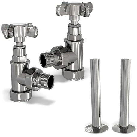 UK Radiators Chrome Angled Radiator Valves - Manual Radiator Valves with Polished Chrome Finish - Traditional Design 1/2 x 15mm Angled Radiator Valves with 130mm Pipe Covers