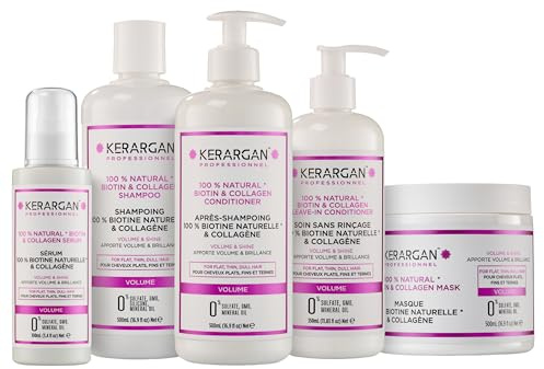 Kerargan - Conjunto Voluminizador Champú, Acondicionador, Mascarilla, Sérum & Leave-In con Biotina & Colágeno - para Cabello Fino y Sin Vida - Sin Sulfatos, OMG, Silicona - 3x500ml+1x100ml+1x350ml | Champú, acondicionador, mascarilla, sérum y cuidado sin aclarado, rutina completa de volumen