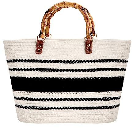 MengH-SHOP Handtasche Große Sommer Strandtasche Handgewebte Shopper Tasche mit Griff Frauen Henkeltasche für Damen Reisen und Urlaub, Weiß und Schwarz