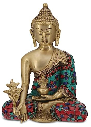 Buddha Groove Medicine Buddha Statue in Red and Blue Artistic Brass Mosaic