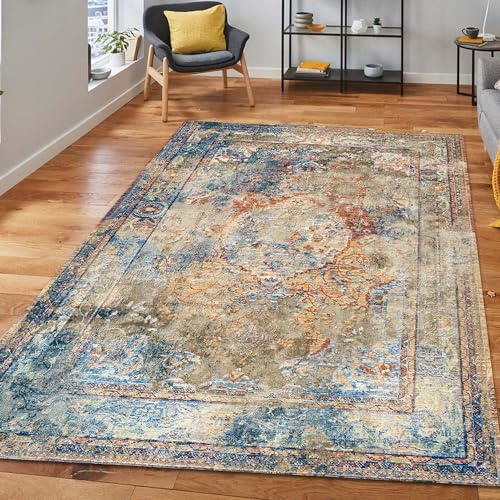 bamyum Landon Bedruckter Teppich Chenille-Druck Maschinell Hergestellt 160 x 230 cm, Waschbarer Multicolor Teppich, Vintage Schlafzimmer, Antibakteriell Antirutschunterlage Küchenteppich