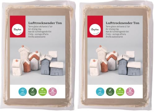 Rayher Lufttrocknender Ton, Beige, 1 kg, Modelliermasse, lufthärtend, weich, geschmeidig, ohne brennen, 3450102 (Packung mit 2)