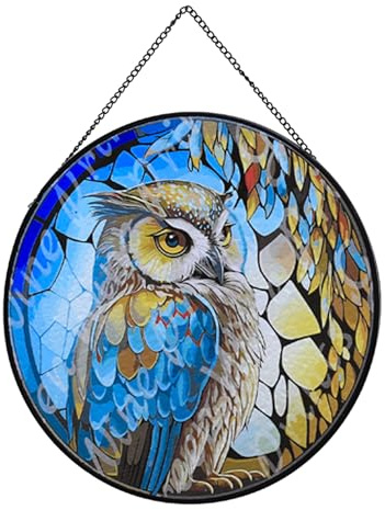 Payutou Hanging Stained Glass for Windows,20cm/7.87inch Owl Hand-Painted Sun Catcher Garden Hangings Christmas Mother's Day, Valentine's Day Ornaments Festival Gift (B style)