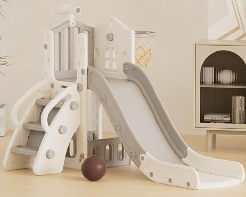 XJD 5 in 1 Toddler Slide, Kids Slide for Toddlers Age 1-3, Outdoor Indoor Playset for Toddlers with Basketball Hoop and Ball, Storage Space Christmas Birthday Gifts for Toddler (Gley)