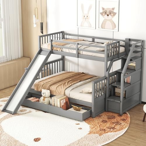 MQLAE Etagenbett 90 x 200 +140 x 200 mit Speicherung Treppe und Rutsche, Hochbett Kinderbett für 3 Kinder, Stauraumbett, Multifunktionales Kinder Bett, Spielbett, Stockbett, Jugendbett, Grau
