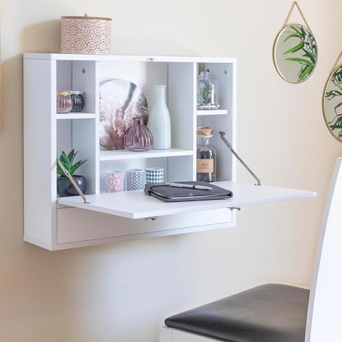 CELLUSTOP Hängeschreibtisch, faltbar, Wandtisch, aus Holz, mit Aufbewahrungsfächern und Schublade, zusammenklappbarer Computer-Schreibtisch, Wandmontage, 60 x 50 x 15 cm, Weiß