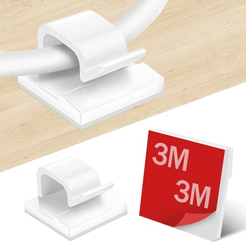 Fasood 100 Stück Kabelhalter selbstklebend mit 3M Kleber - Kabelclips für Kabelmanagement - Kabelklemmen & Kabelorganisator am Schreibtisch - Kabelbefestigung Lichterkette (Weiß)