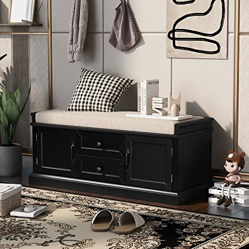 Acosure 42″ Storage Bench with 2 Drawers and 2 Cabinets，Multipurpose Entryway Shoe Rack W/Removable Cushion，for Living Room Hallway Porch,Black