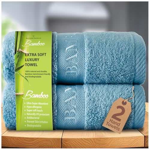 GC GAVENO CAVAILIA Bamboo Hand Towels, Pack of 2, 50 x 80 cm, Blue | 500 GSM, 60% Bamboo 40% Cotton, Ultra Soft and Highly Absorbent, Quick Drying, For Bathroom, Hotel, Spa & Gym