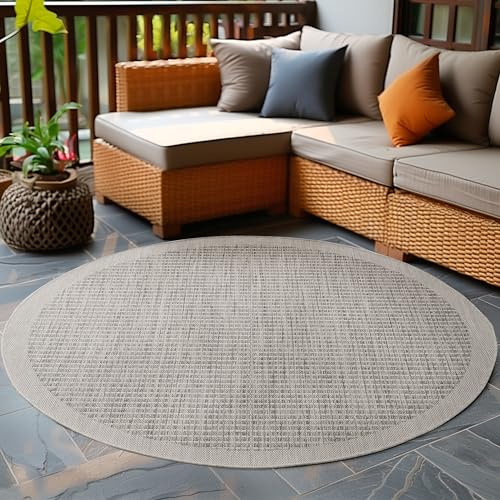 Carpetsale24 In- & Outdoor Teppich Wetterfest 160 cm Rund Einfarbig Grau - Waschbar, Wasserfest, Pflegeleicht und Flachgewebe - Ideal für Balkon, Garten, Terrasse und als Küchenteppich