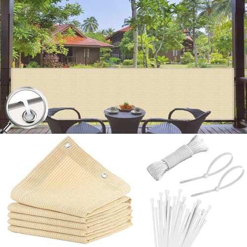 Balkon Sichtschutz 70 x 850 cm mit Kabelbinder Kordel Windschutz Staubschutz Wetterfest Balkonverkleidung, Beständig Balkonsichtschutz Sichtschutz für Balkon, Creme Farben