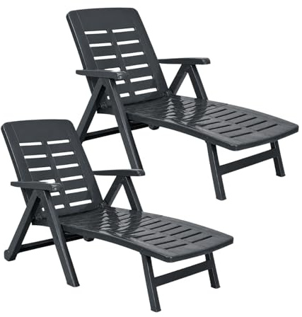 PALUPLUS 2 Lettini Prendisole Pieghevoli in Plastica Antracite, misura 189x72x96 cm, Schienale Regolabile, 2 Ruote, Letto da Esterno per Giardino, Spiaggia, Piscina, Made Italy -SME007F