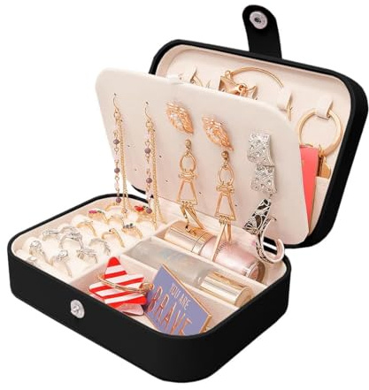 VNIMTI Schmuckkästchen Reise Klein, Schmuckkasten Damen, PU-Leder Schmuckaufbewahrung, Tragbar Schmuckbox Schmuckschatulle, Ohrringe, Ringe, Halskette Organizer für Frauen (Schwarz Etui)
