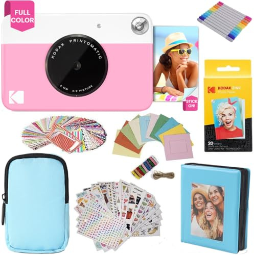 KODAK Printomatic cámara de impresión instantánea + Estuche Blando + Papel fotográfico Zink de 2 x 3 (Paquete de 20) + Álbum + Juegos de calcomanías + Marcos para calcomanías + Marcadores - Rosa