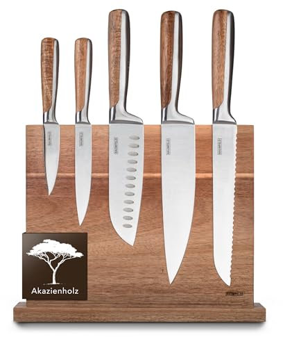 BAUMFELD 6 Teiliges Messerblock Set - Premium Edelstahl - Küchenmesser inkl. magnetischem Messerblock aus edlem Akazienholz Profi Kuechenmesser Set (Edelstahl)