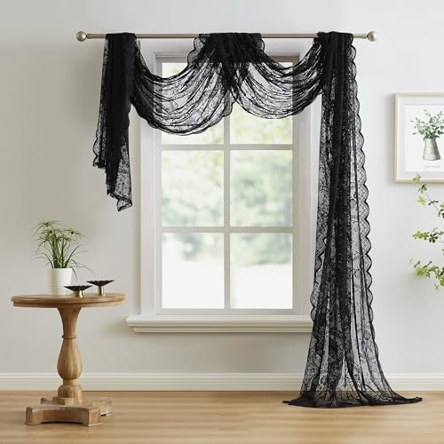 Noir Gothic Decor Schwarzer Fensterschal – 724 cm lang Spitze Fensterschal für Goth oder viktorianische Dekor. Gothic Fensterschals können als Betthimmel Vorhänge verwendet Werden