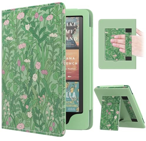 MoKo Funda para 7/6.8 Kindle Paperwhite(12th/11th Gen-2024/2021), PU Estuche Niño con Correa de Mano para Kindle Paperwhite Edición de Firma, Auto Sueño/Estela, Flor Verde