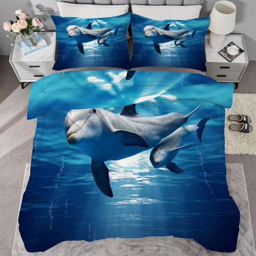 buyluhn Bettdecke 180x220 Delphin, 4 Jahreszeiten Bettdecken Meer Ohne Bezug Nutzbar, Kinder Steppdecke Ganzjahresdecke, Waschbar Bettzeug mit 2 Kissenbezug für Sommer Winter
