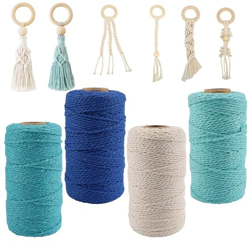 4 Pezzi Filo per Macrame Corda 2mm*100m, 100% Cotone Macramè Filo Naturale, Corda per Macrame, Decorazioni Bohémien, Cordino Uncinetto per Appendere la Parete, Fai Da Te, Artigianato, Lavori a Maglia