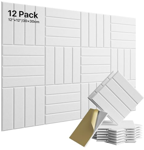 12 Pack Sound Proof Foam Panels for Walls, Self-Adhesive Acoustic Panels Sound Absorbing, 12 X 12 X 0.4 High Density Soundproof Wall Panels Tiles for Door, Ceiling, Home Office, White