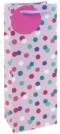 Pink Polka Dot Bottle Gift Bag – 35cm Paper Bag with Lilac Ribbon Handles & Round Name Tag – Cute Wine, Prosecco, Champagne Gift Wrap