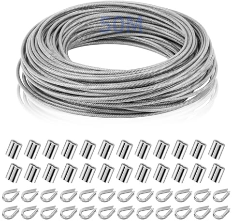 Cable de alambre de 2 mm, 50 m, acero inoxidable 304, recubierto con 24 guardacabos y 24 manguitos de engarzado, cuerda de acero inoxidable para enrejados, cuerda de cortina, tendedero colgante