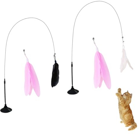 MUNZE Juguetes Gatos Interactivos, Paquete de 2 Cañas de Pescar con Ventosas, 4 Plumas, Juguetes Interactivos Naturales para Gatos, Cañas de Pescar para Que Los Gatitos Se Muevan y Jueguen.