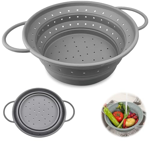Tarqite Faltbares Sieb, 28cm Nudelsieb Faltbar, Silikonsieb Faltbar, Abtropfsieb Klappbar, Silikon Küchensieb, Platzsparendes Klappsieb Silikon für Camping, Nudeln, Gemüse, Obst (Grau)