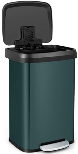 TANGZON 50L Recycling Pedal Bin, Stainless Steel Kitchen Bin (Dark Green) | Soft Close Lid, Deodorant Box, Handle & Non-Slip Base, Hands-Free Fingerprint-Proof Waste Separation Trash Can