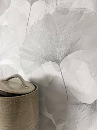 Newroom Papel Pintado Gris Claro No Tejido Hojas Ginkgo - Naturaleza Floral Vintage Papel de Pared para Salón Dormitorio