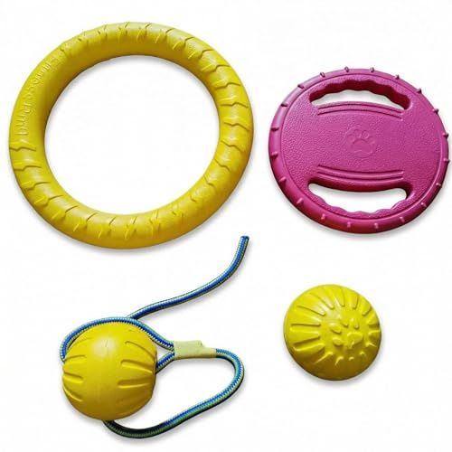 TENZONGRET 4 Pack Dog Toys for Large Dogs, Tough EVA Chew Toys Set for Aggressive Chewers - Outdoor Dog Toy Bundle with Tug Ring, Flying Disc, Squeaky Ball & EVA Ball for German Shepherd Labrador