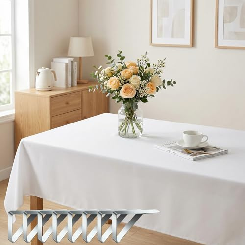 VIRETH HAUS Nappe lavable rectangulaire 140 x 240 cm avec 8 pinces à nappe en polyester imperméable et anti-rayures, pour table à manger, balcon, camping, mariage et banquet - Blanc