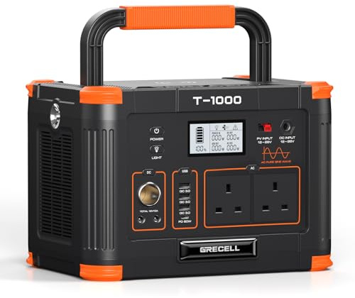 GRECELL Portable Power Station 1000W, 999Wh Solar Generator Backup Battery Pack with 2x Pure Sine Wave 1000W, 2x 230V AC Outlets, PD 60W for Home Camping Outdoors Trip RV Emergency(2000W Peak), T-1000