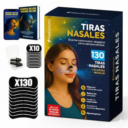 60 Tiras Nasales Deportivas + 10 Mouth Tape + Tapones oidos + E-Book de Regalo, tiras nasales para dormir, nose strips, tiritas nariz respirar (130 Tiras Nasales)