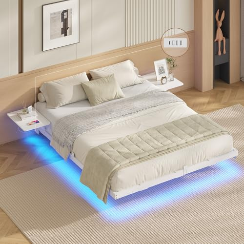 AOGLLATI Bettgestell Bett aus Metall mit LED Beleuchtung und Ladestation Schwebender Bettrahmen mit Aufbewahrungsregalen Metallbett mit Lattenrost Schwarz (Ohne Matratze) (Weiß, 160 x 200 cm)