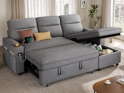 YITAHOME Sectional Sleeper Sofa with Pull Out Couch Bed, 81 Convertible Sleeper Sofa with Adjustable Backrest, Sofa Bed Sleeper Couch with Armrest & USB Port, Grey