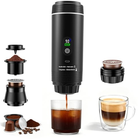 Tragbare Kaffeemaschine, 3 in 1 Akku Kaffeemaschine mit Elektrische Selbsterhitzung über USB - C, Kompatibel mit Kapsel & Gemahlener Kaffee, Mini Espressomaschine für Camping, Auto, Reise (schwarz)