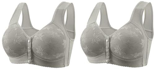 Lot de 2 soutiens-gorge pour femme avec fermeture avant, respectueux des seniors, confort sans armatures pour les femmes âgées, tissu doux et doux pour la peau, coupe grande taille et ensemble, gris