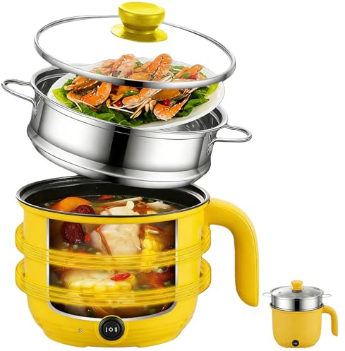 Cuiseur électrique Hot Pot, 1,5L Petit cuiseur électrique avec panier vapeur en acier inoxydable, 600W Cuiseur rapide à nouilles portable, poêle polyvalent pour la maison, le bureau et la résidence