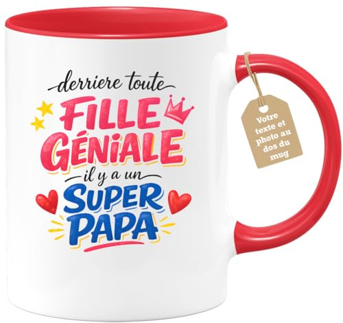 quotedazur Café-Croissant - Mug Personnalisé Papa Texte Photo - Tasse Fête Des Pères Derrière Toute Fille Géniale - Cadeau Drôle Papounet - Rouge/céramique