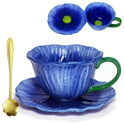 Thornwhisper Modern Flower Coffee Cup and Saucer Set,300ml/10oz Ceramic Teacup with Dessert Saucer&Spoon,Floral Cup for Latte Macchiato Americano Tea Cocoa,Aesthetic Instagrammable Mug,Cappuccino Cup