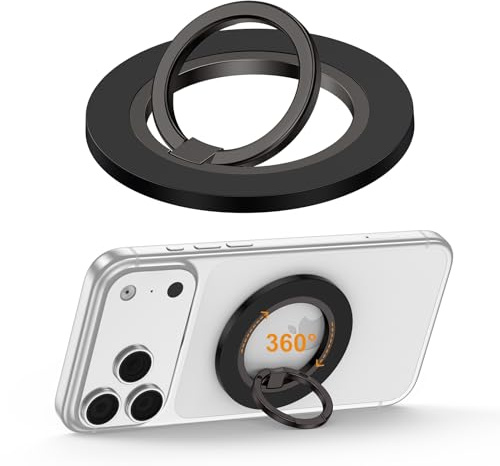 iPhone 17 Magnetic Ring for Magsafe Grip Stand Samsung S26 Fingerring Black | 360° Rotating Finger Loop Kickstand Magnet Cellphone Grip Holder for MagSafe Case Car Mount iPhone 17 Air 16 Pro 15 14 13 12