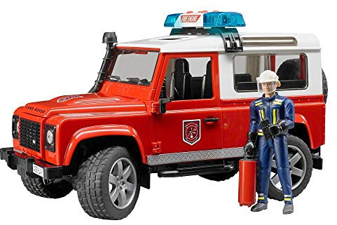 bruder 02596 - Land Rover Defender Station Wagon Feuerwehr-Einsatzfahrzeug, Feuerwehrmann, Feuerlöscher, Light & Sound Modul - 1:16 Löschfahrzeug Notruf bworld Auto Spielzeugfigur