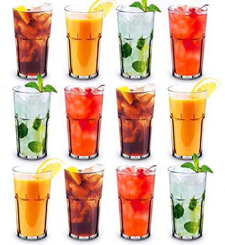 RBDRINKS RB Vasos Retro Transparente Plástico Copas de Vino, Reutilizable Vasos de Cristal Agua, Vaso Vidrio Pare Café, Batidos, Jugo 33cl, Juego de 12