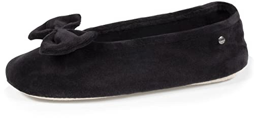 Isotoner Chaussons pantoufles Ballerines femme ultra confortables, en coton biologique et semelle en cuir, détail grand nœud