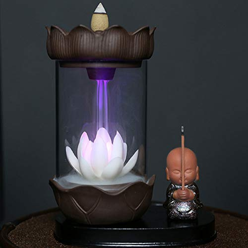 Rückfluss-Weihrauchbrenner, Wasserfall-Weihrauchbrenner mit LED-Licht, Weihrauchhalter mit weißem Blumenlotus und kleiner Mönch