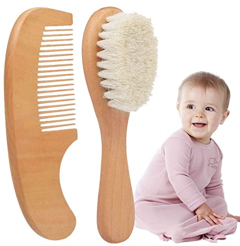 2 Stück Babybürste und Kamm-Set, Holz-Baby-Sicherheitskamm, Holzhaarbürste mit weichen Wollborsten, Haarwaschbürste, Haarpflege, Massage, Pflegewerkzeug für Neugeborene und Kleinkinder, ideal für