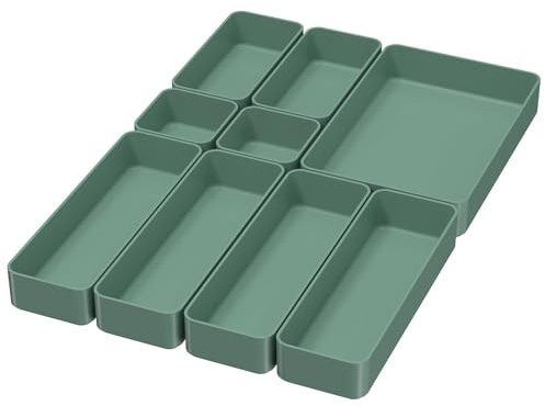 CHANCETSUI 9 Pcs Stackable Drawer Organizer Trays Set, Green, Multifunctional Storage for Vanity, Bathroom, Kitchen, Desk Drawer Organizer Office, PET Plastic
