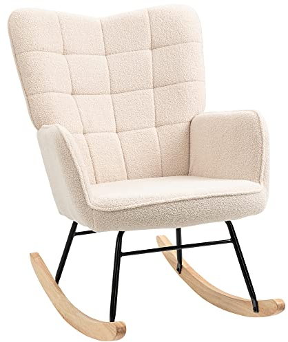 HOMCOM Schaukelstuhl, Schaukelsessel mit Berbervliesoptik, Armlehne, Gepolsterter Sessel mit Holzkufen, Relaxsessel für Wohnzimmer, Schlafzimmer, bis 120kg belastbar, Beige