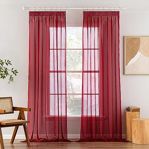 MIULEE Gardinen mit Kräuselband, Rot Transparent, 2er Set 140 x 225 cm | Farbiger Transparenter Voile Vorhang mit Kräuselband, Ideal für Wohnzimmer, Schlafzimmer, Modernes Wohnaccessoire